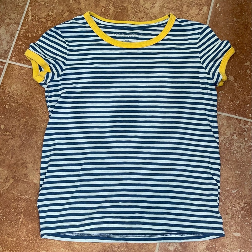 Small Blue and White Striped Top with Yellow